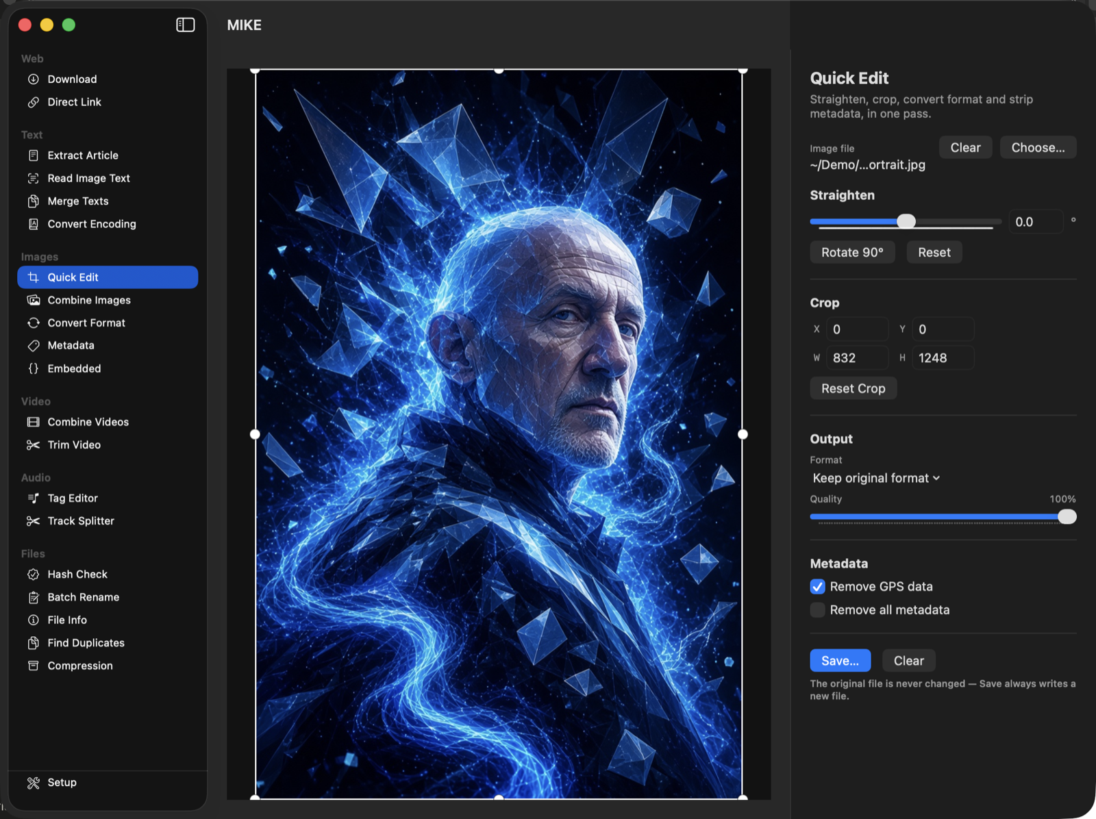 The MIKE window showing its full sidebar and Quick Edit's crop handles