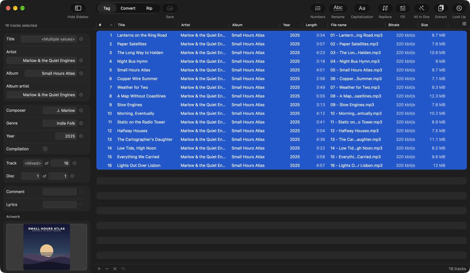 Sleeve in Tag mode: sixteen tracks of an album selected, the inspector with the shared tags and the front cover